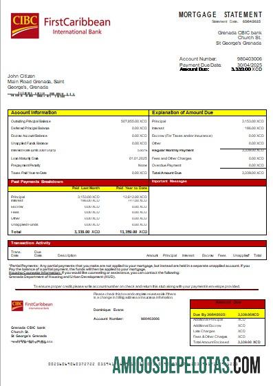 Grenada CBIC Bank Bank Mortgage Statement Scr amostra